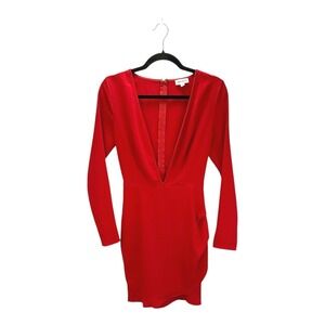 Superdown Red Deep V Plunge Neck Long Sleeve Bodycon Mini Wrap Dress XS Zip Back